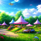 Vibrant Flora, Flying Umbrellas, Classic Car, Animals in Sunny Garden