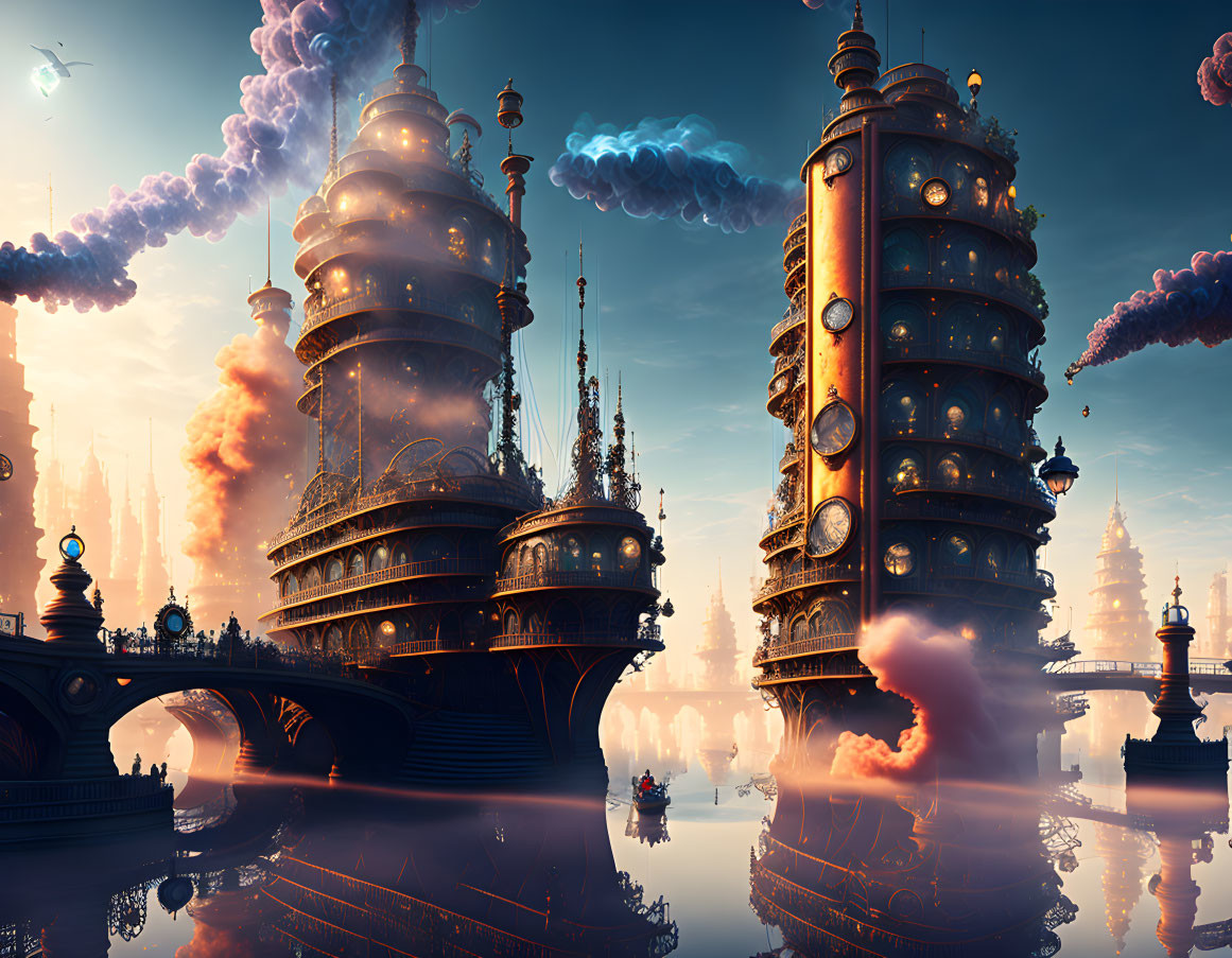 Steampunk cityscape with ornate towers and bridges over calm waters