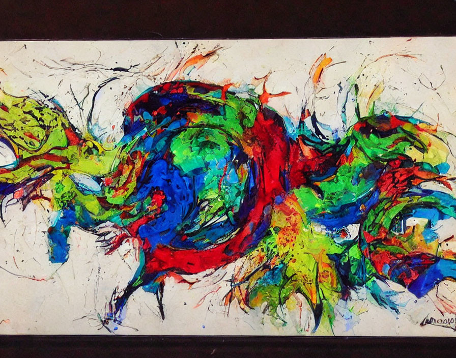Colorful abstract painting with dynamic swirls and splatters