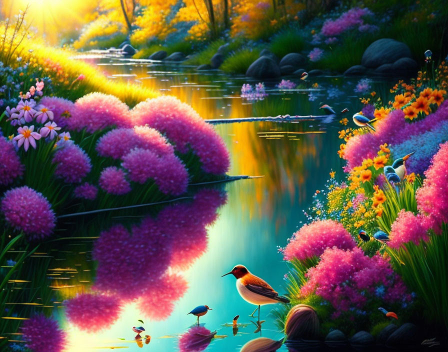 Colorful Illustration: Serene River, Lush Flowers, Birds, Sunlit Canopy