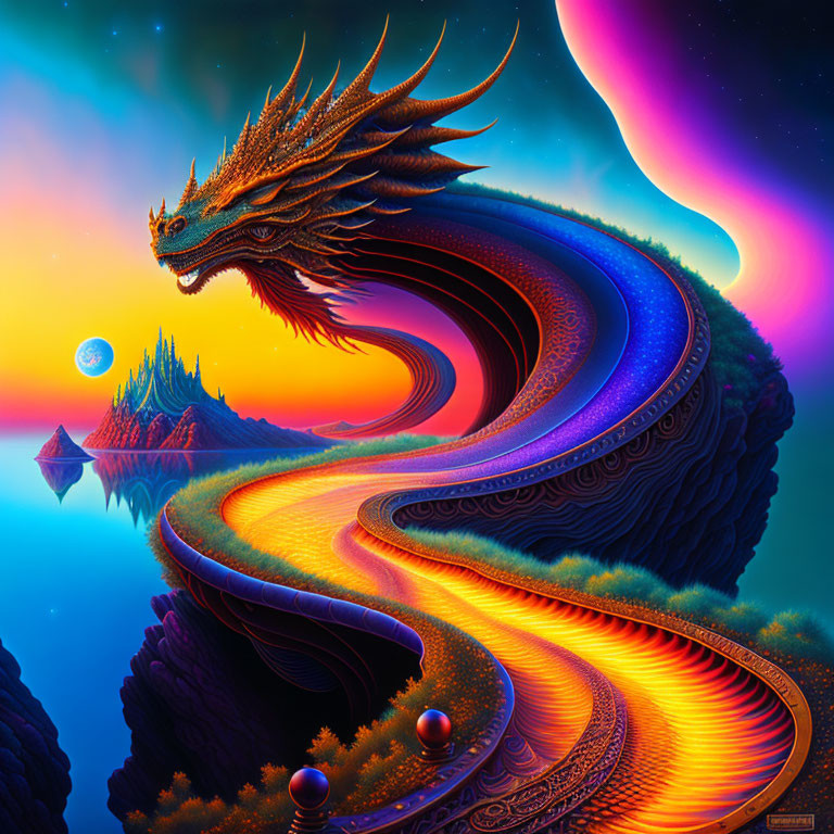 Colorful mythical dragon in fantastical landscape under starry sky.