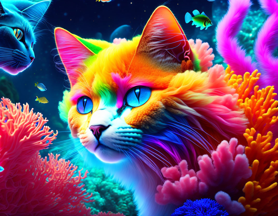 Colorful digital artwork: Multicolored cat with blue eyes in neon coral reef scene.