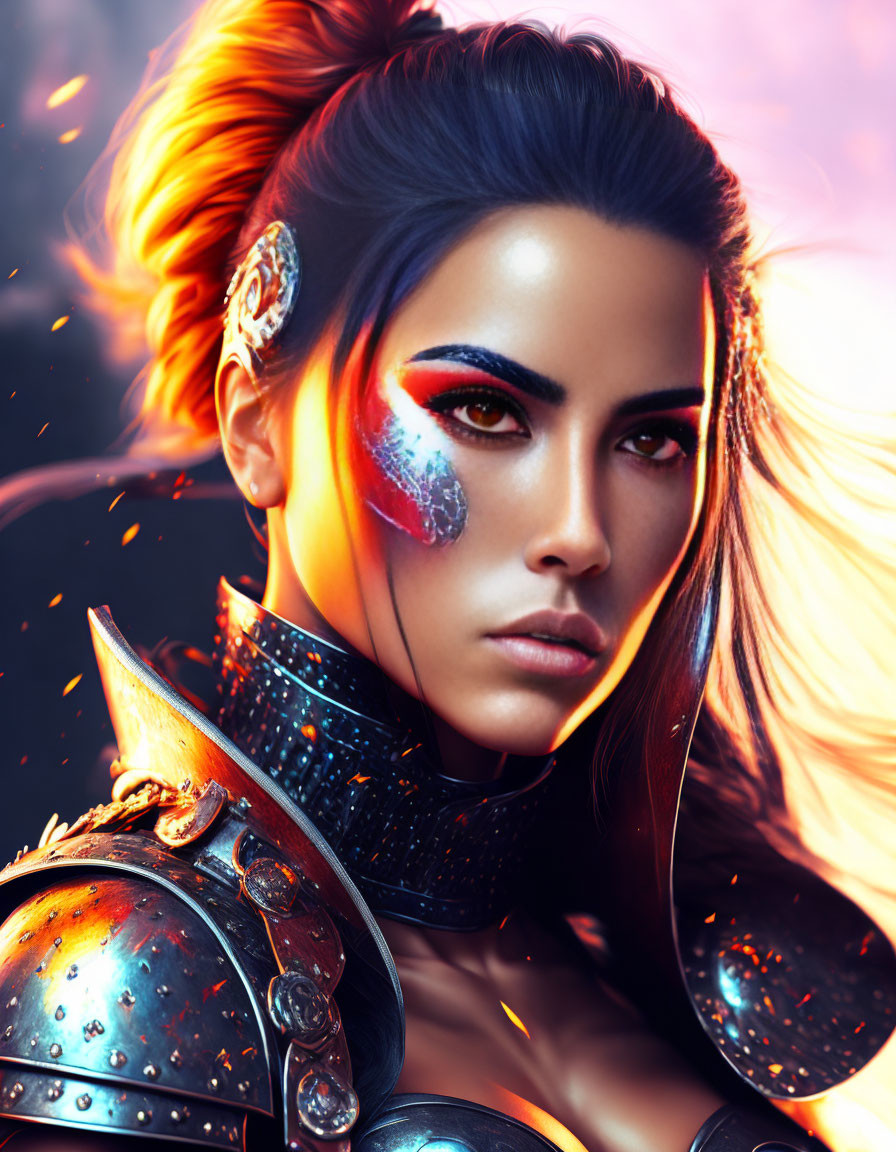 Warrior woman with striking makeup in fiery armor and ethereal glow.