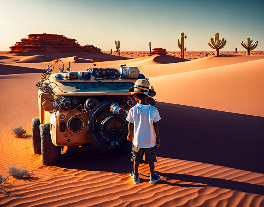 Child in desert with overloaded car and speakers under clear sky