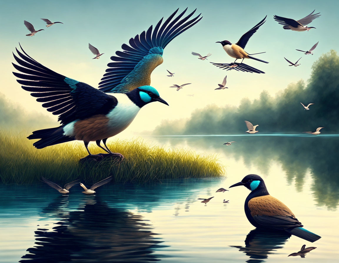 Stylized birds perched by serene lake in verdant setting