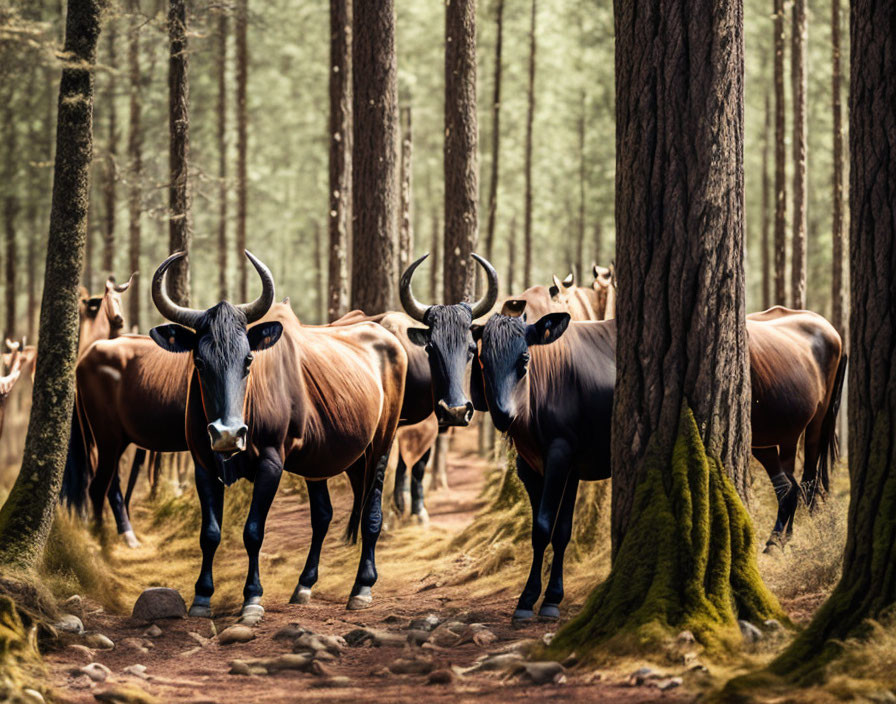 Herd of Wildebeest in Forest Setting