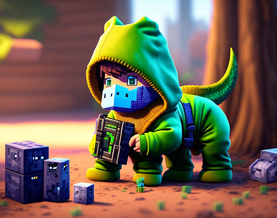 3D illustration of Minecraft character in dinosaur costume with electronic device in forest