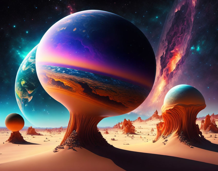 Vibrant alien landscape with oversized planets, mushroom-like rocks, and starry sky