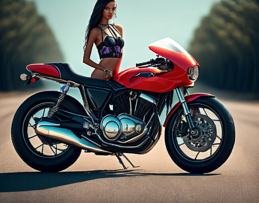 Woman in black outfit with red motorcycle on scenic road.