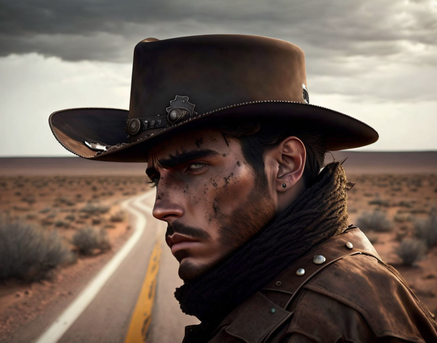 Intense man with scruffy beard in wide-brimmed hat gazes in desert setting