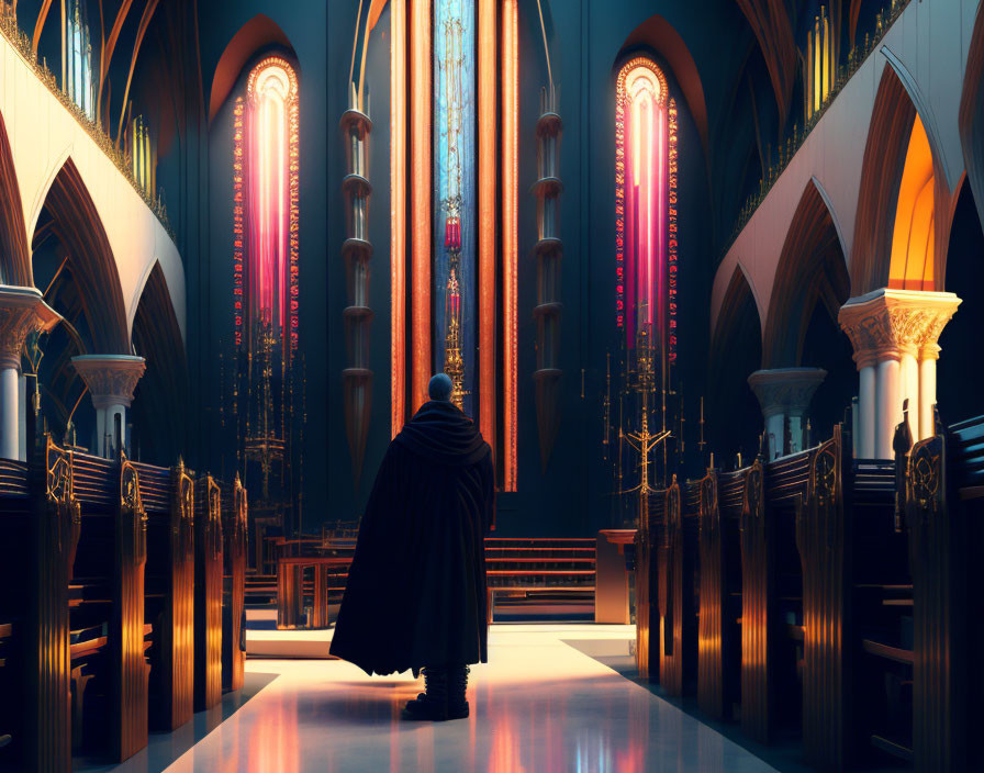 Solitary figure in cloak in grand Gothic cathedral with stained glass windows