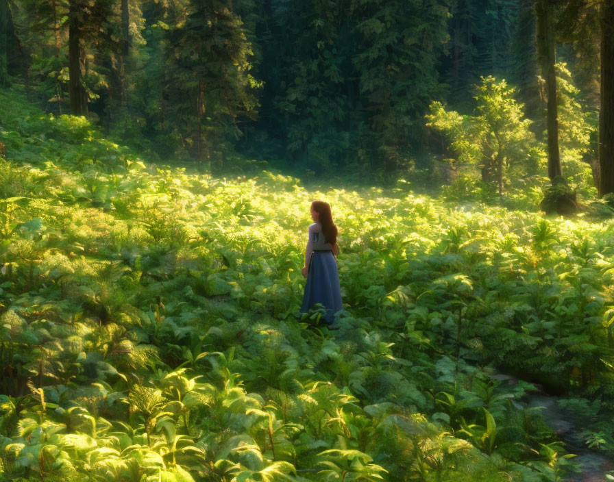 Woman in dress in lush fern forest under sunlight.