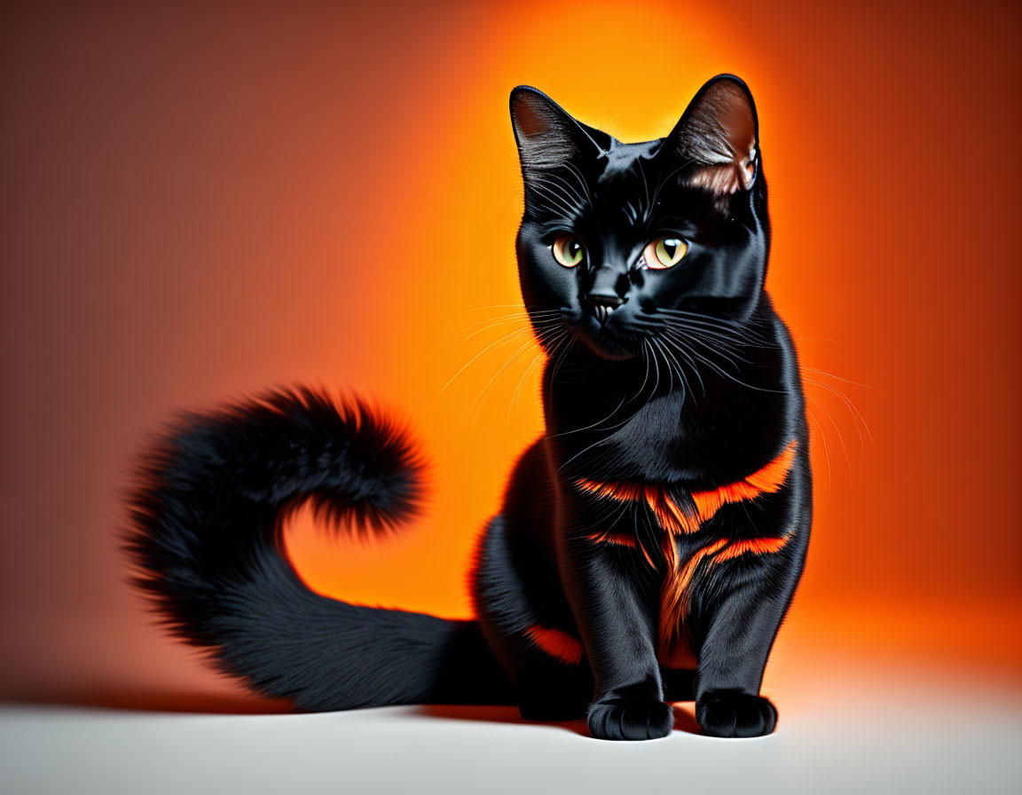 Black Cat with Striking Eyes Against Orange Backdrop