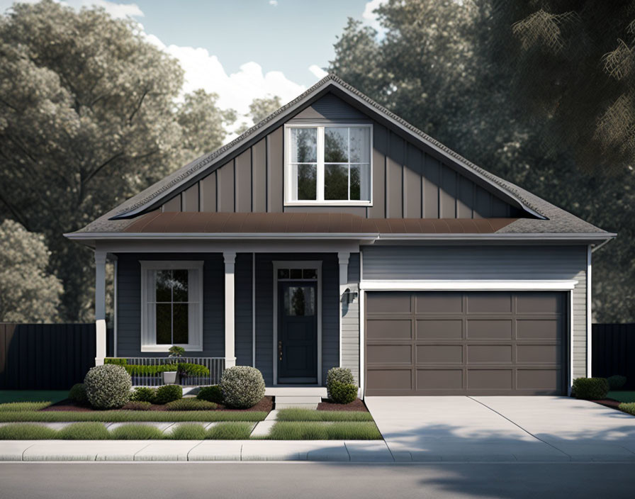 Gray Single-Story House with Gable Roof and Attached Garage