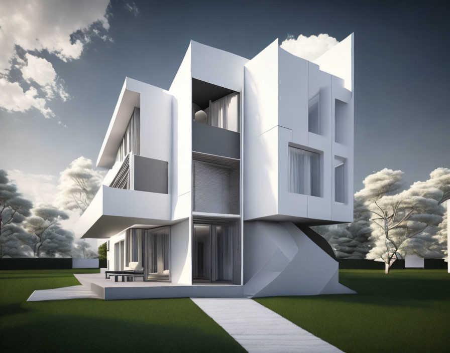 Geometric White Facade Two-Story House with Large Windows and Balconies