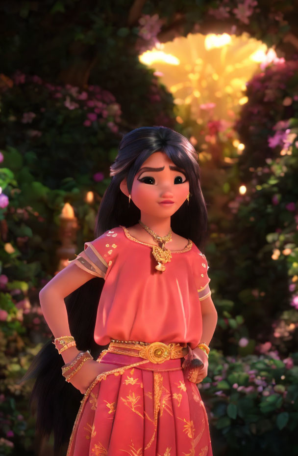 Long-haired animated girl in pink dress with gold jewelry in front of vibrant floral backdrop