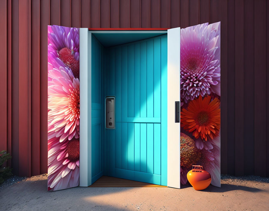 Colorful blue door with floral prints on brown wall and orange vase - Image.