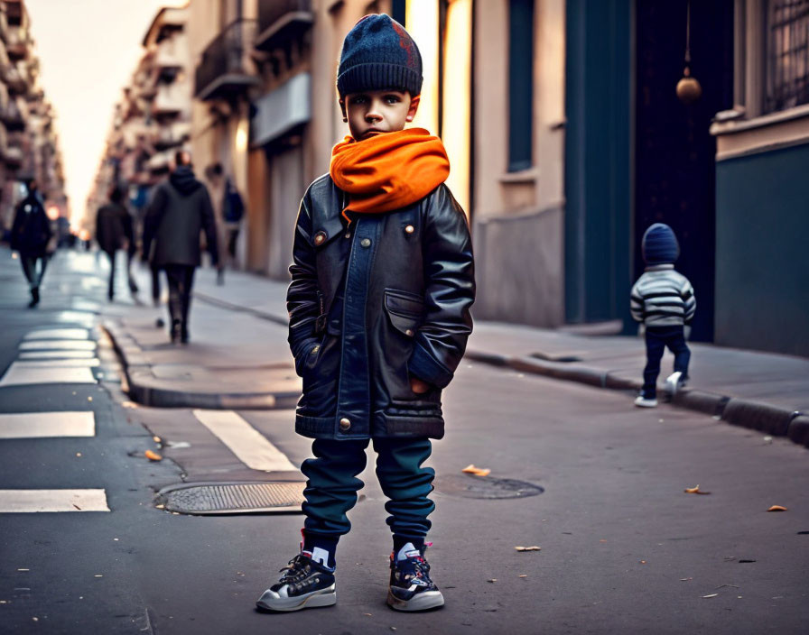 Child in Stylish Outfit on City Sidewalk