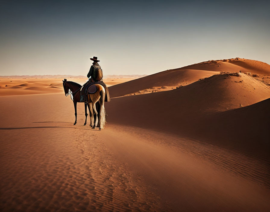 Lone rider on horse in vast desert with rolling hills