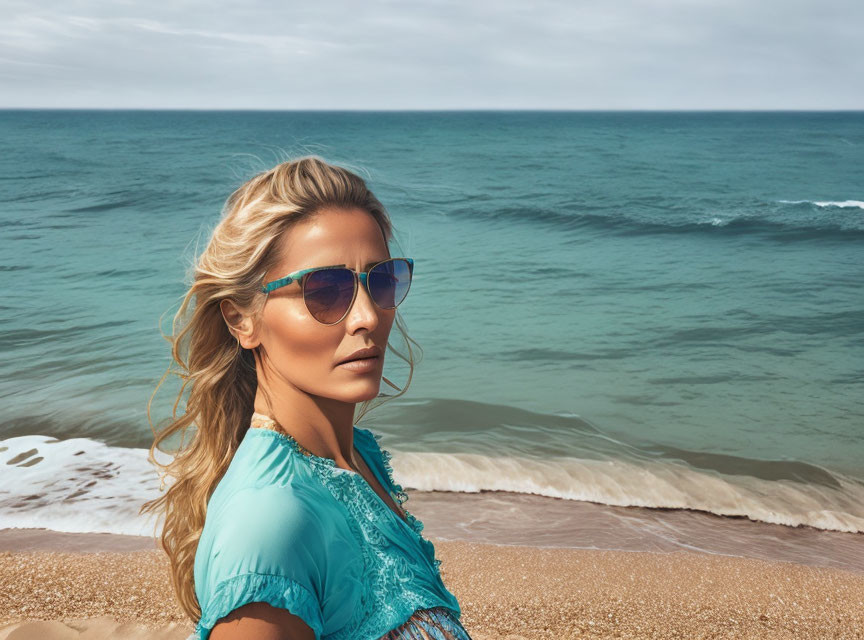 Blonde woman with sunglasses on beach with ocean and cloudy sky