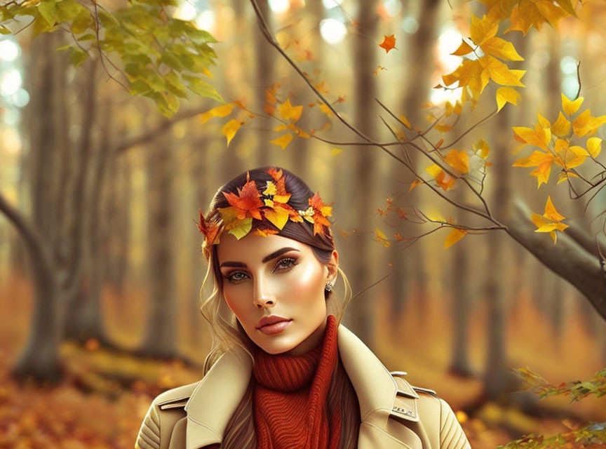 Woman with Autumn Leaves in Hair Standing in Golden Fall Forest