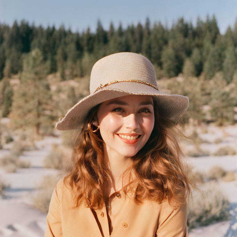 Smiling woman with wavy hair in straw hat and yellow blouse outdoors.