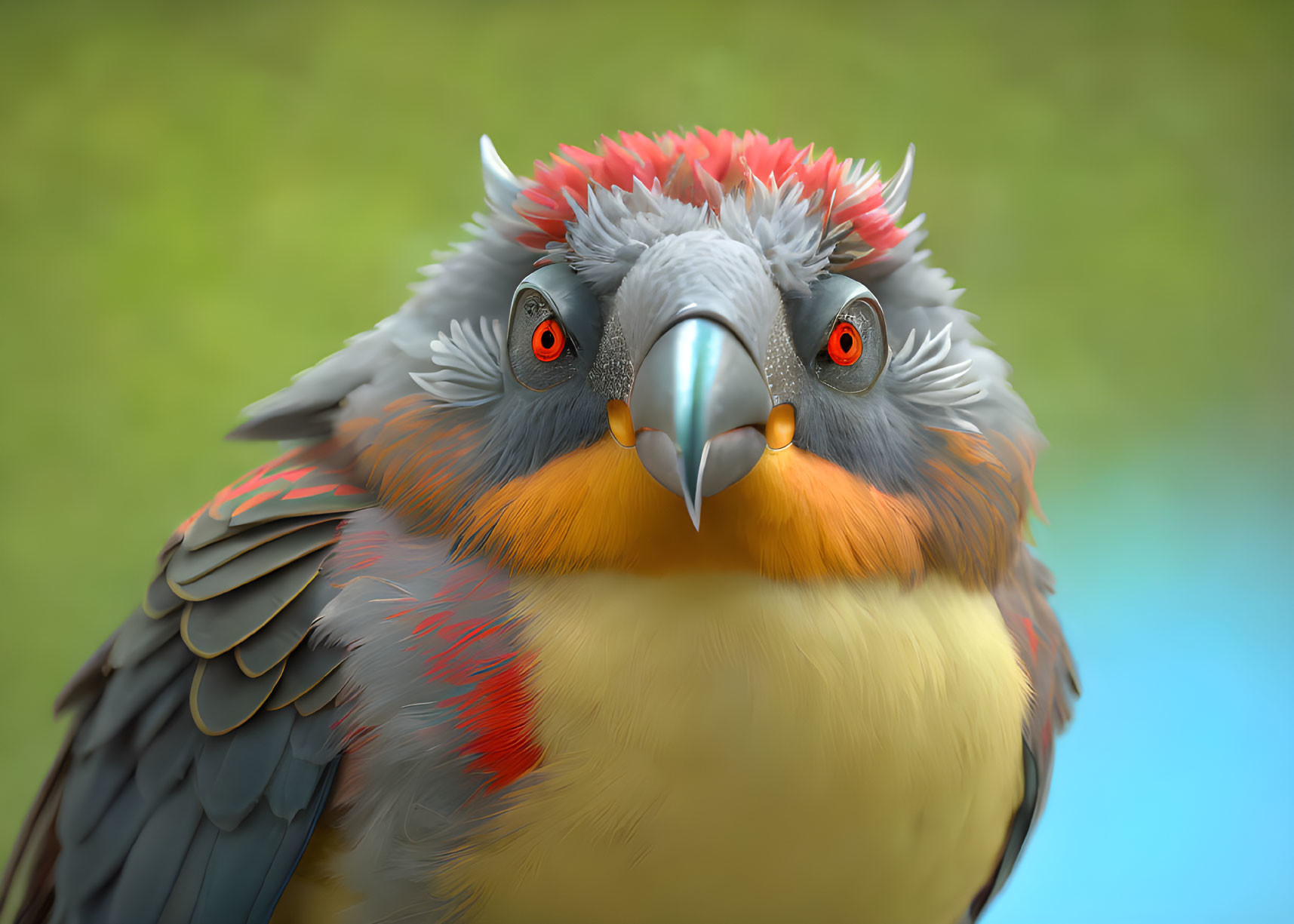 Colorful anthropomorphic bird with orange cheeks and red crest on green background