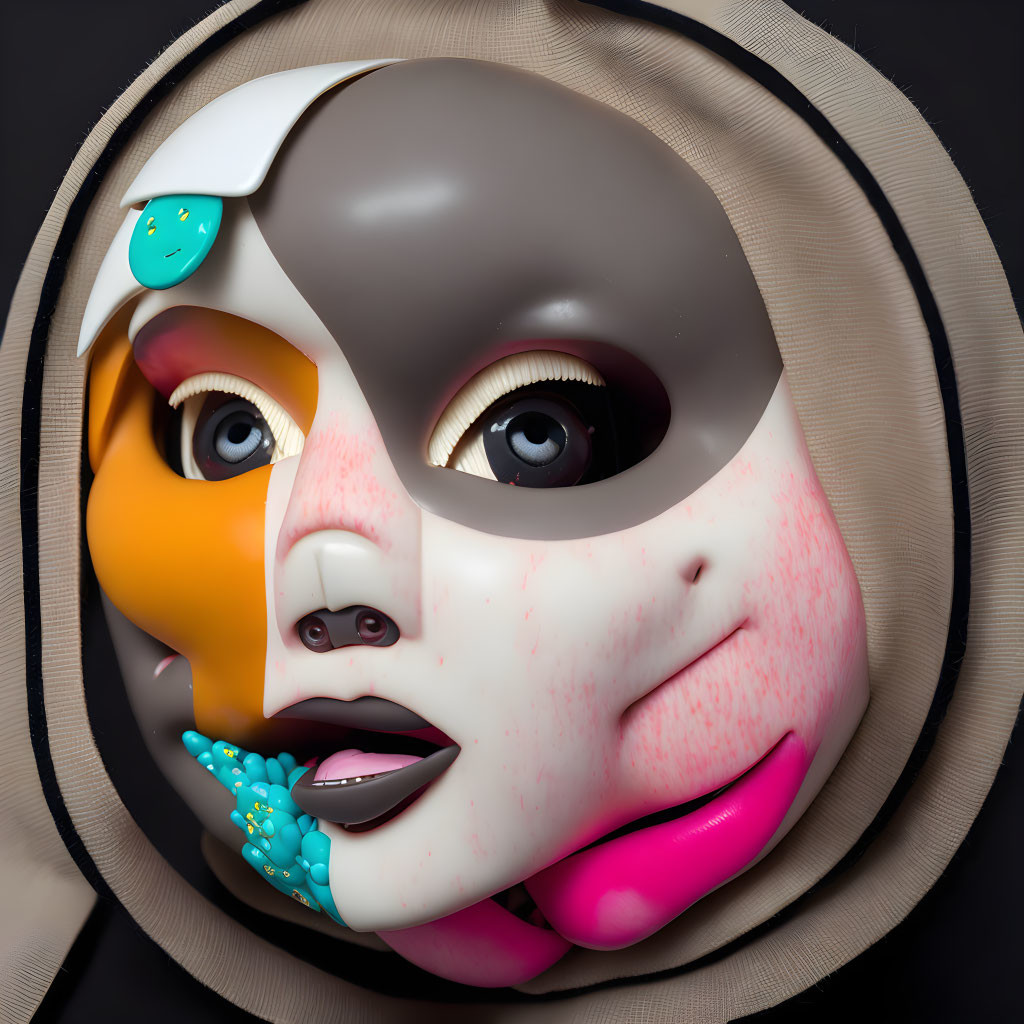 Colorful Three-Dimensional Surreal Face Artwork on Beige Background