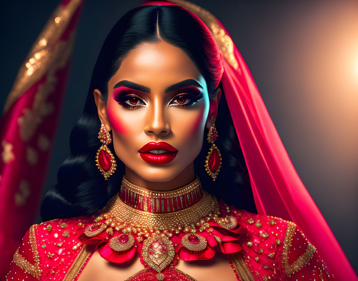 Woman in Elaborate Makeup and Jewelry in Red Outfit with Veil on Warm Background