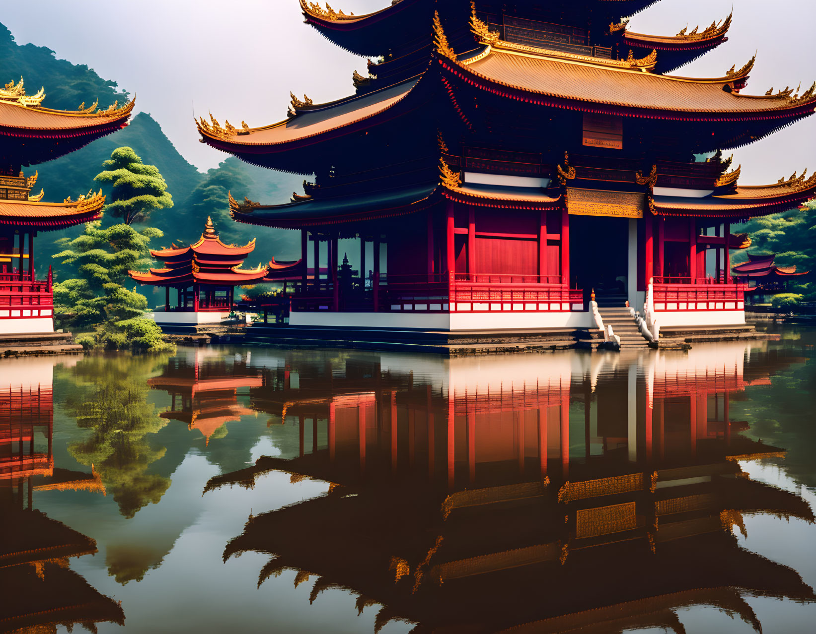 Red Asian Temple Reflected in Lake Amid Greenery