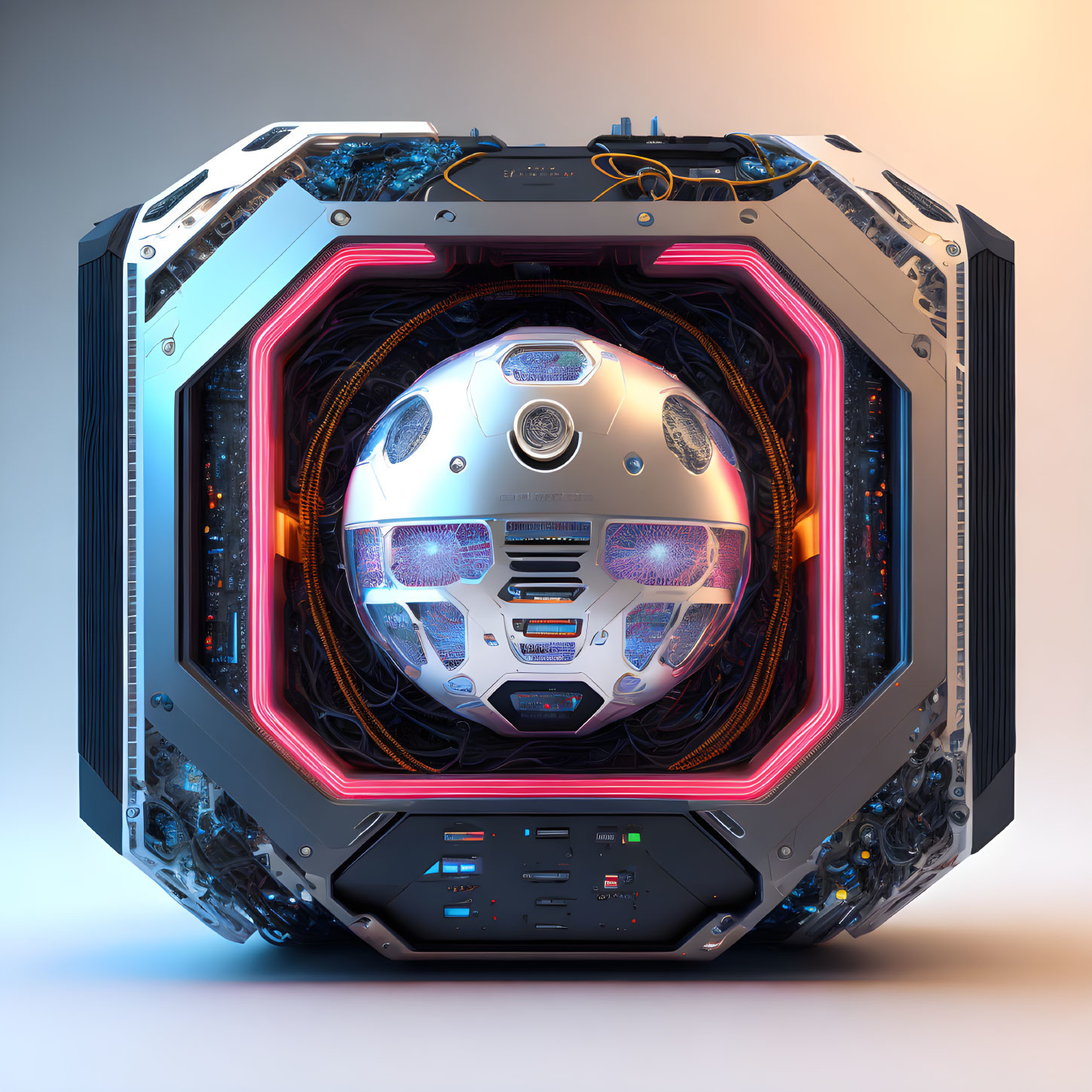 High-Tech Cube Frame with Futuristic Spherical Device