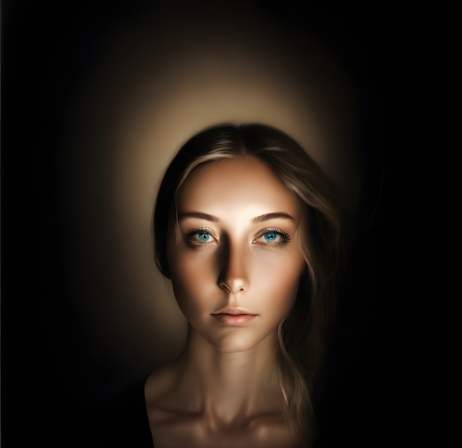 Portrait of Woman with Striking Blue Eyes on Dark Background