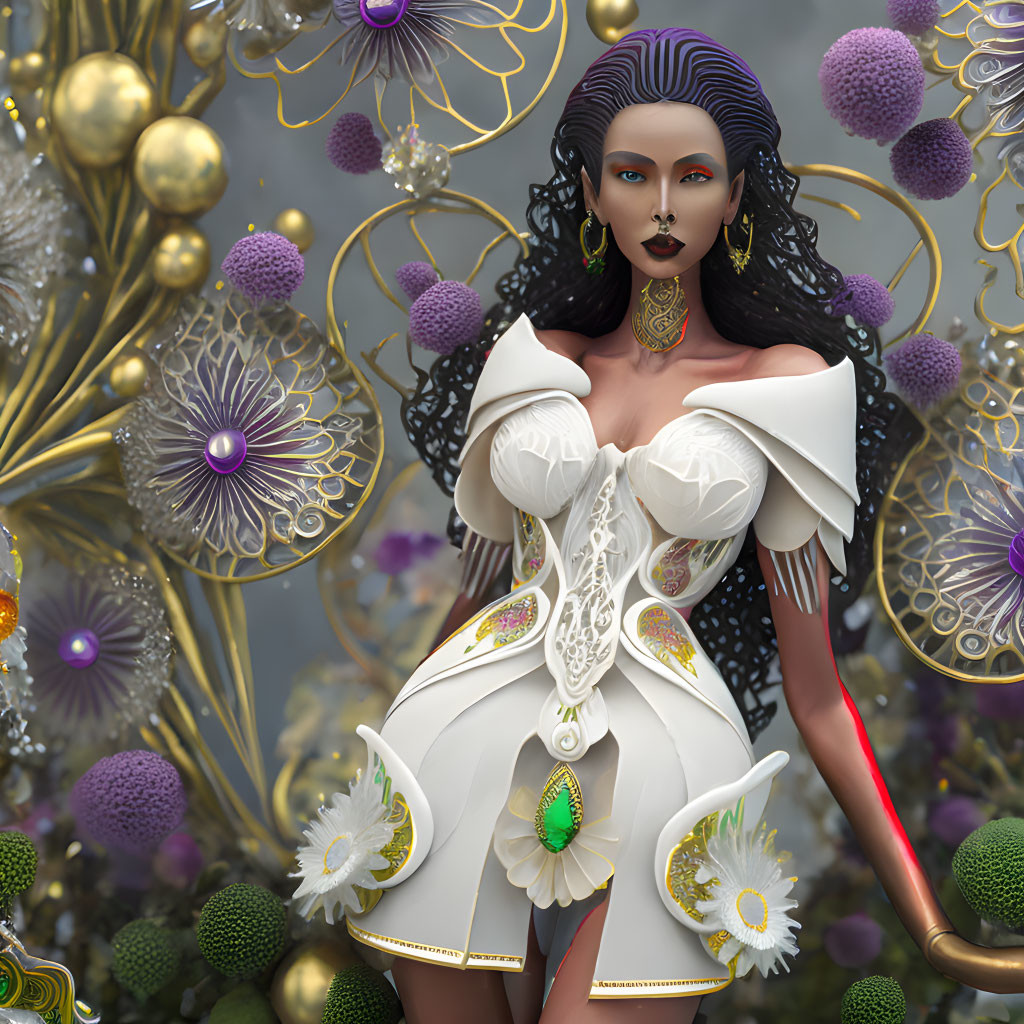 Dark-skinned woman in white dress surrounded by stylized flowers and spheres in 3D fantasy render