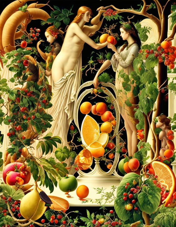 Classical painting with figures, fruit trees, cherubs, and oranges.