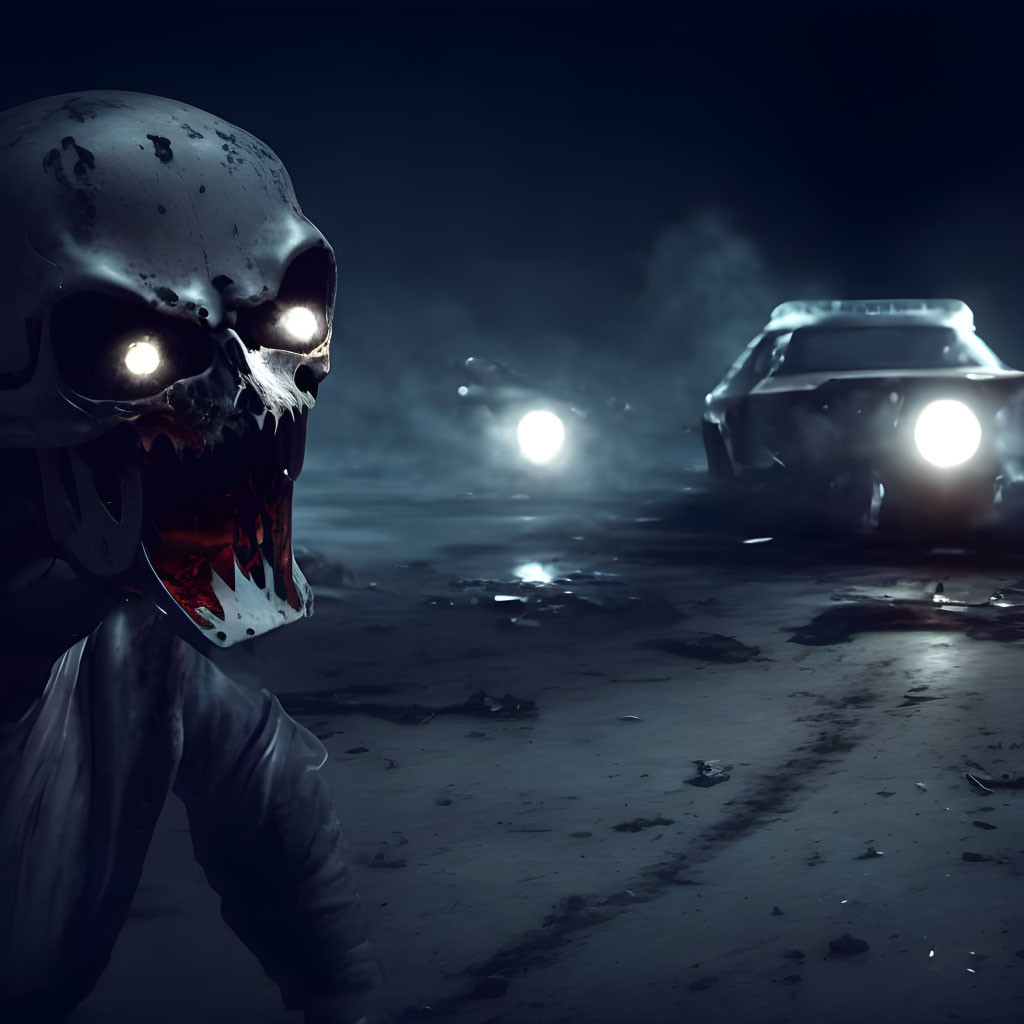 Skull-faced creature with glowing eyes in front of car headlights