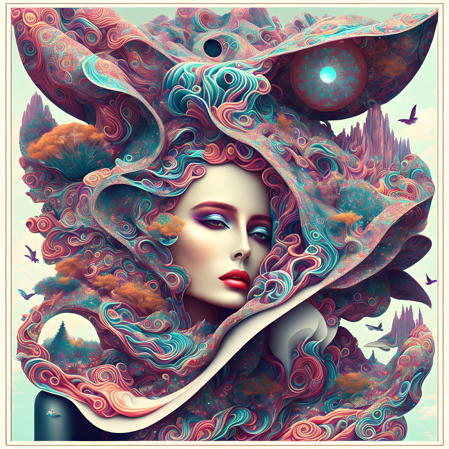 Colorful surreal portrait of a woman with swirling landscape and patterns.