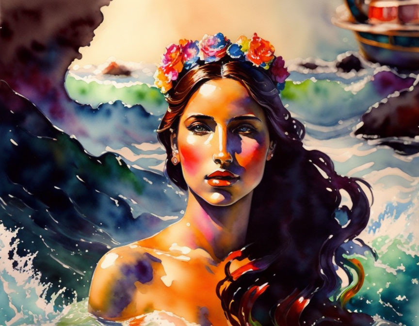 Woman with Flower Crown and Long Hair in Colorful Oceanic Backdrop