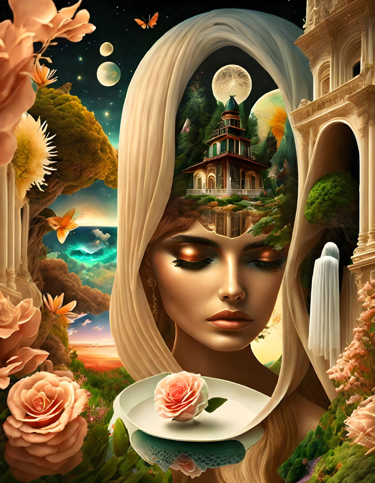 Surreal Woman's Face with Nature, Architecture, and Cosmic Elements