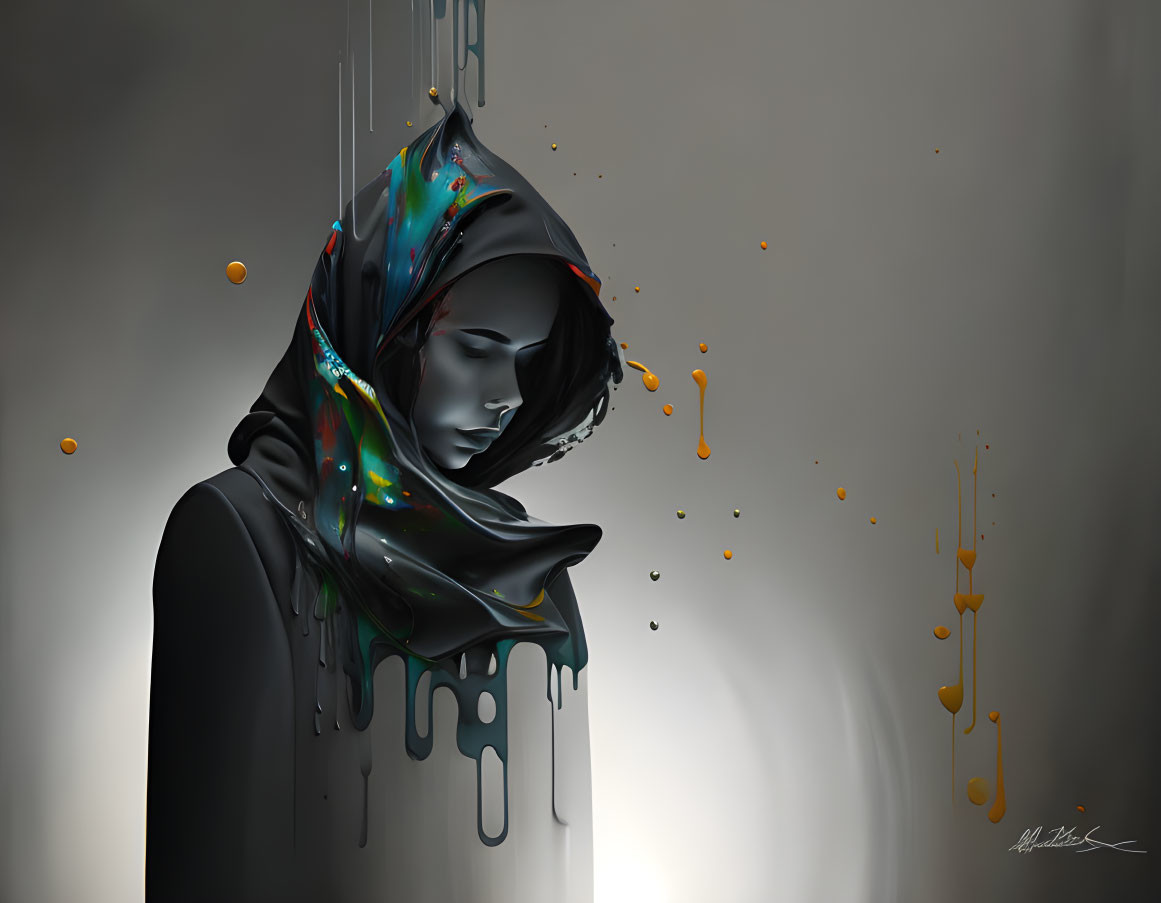 Colorful figure in paint-dripping hood against grey backdrop with orange spheres