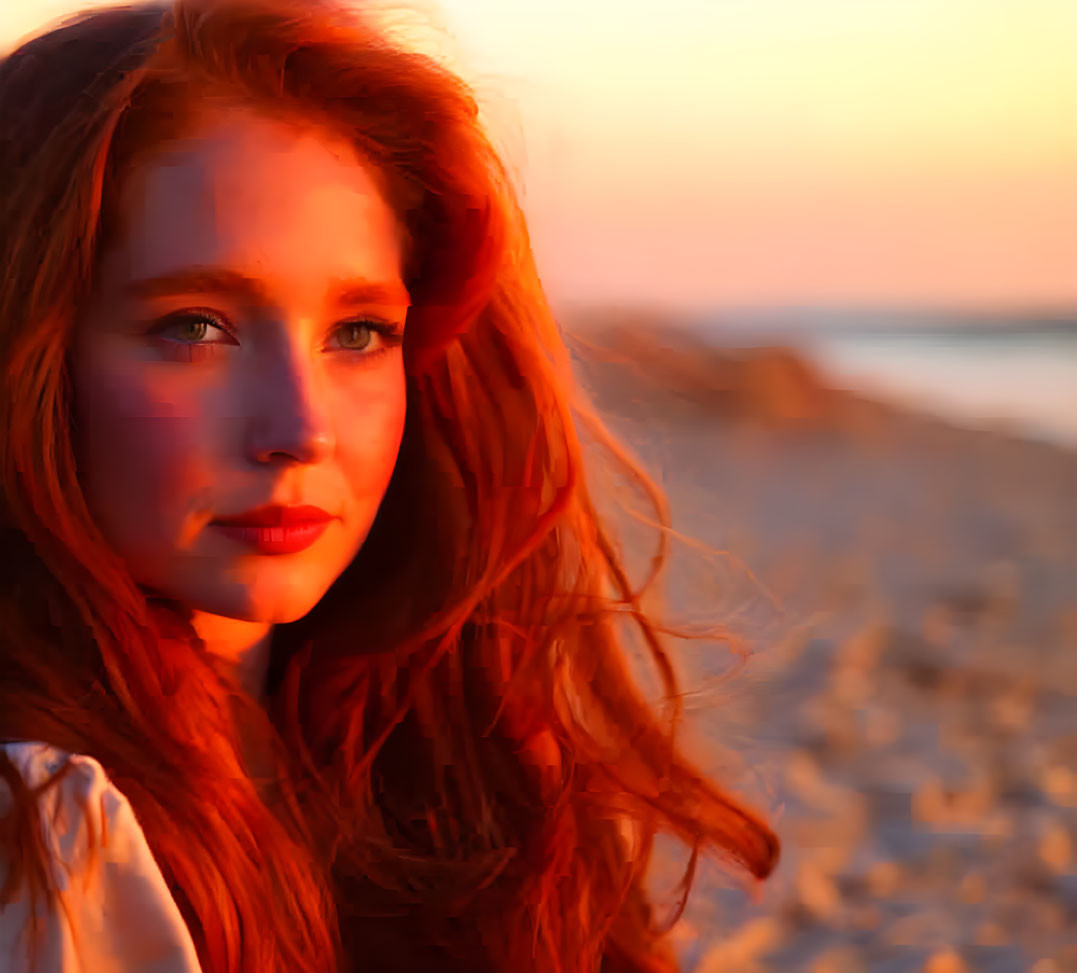 Red-haired woman at sunset on beach with half-lit face