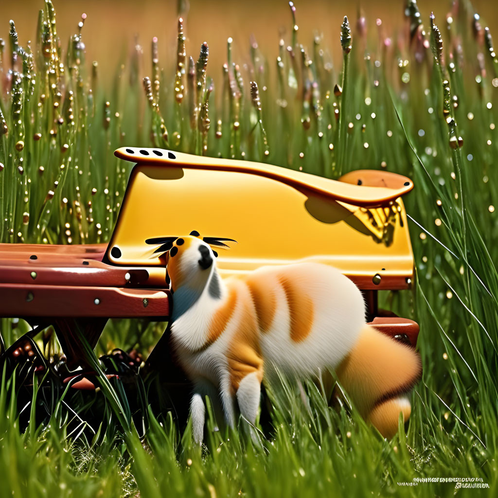 Cartoon corgi relaxing in grass under sunny sky