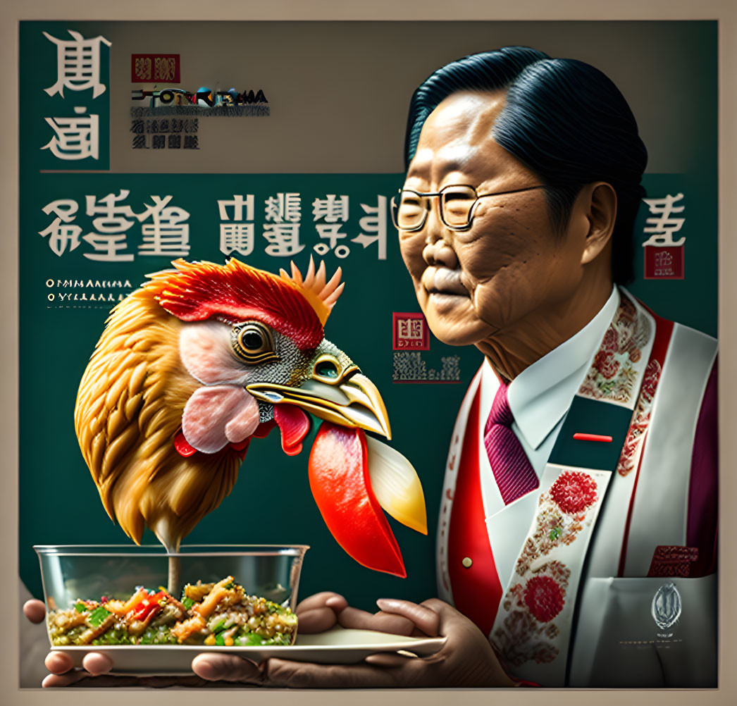 Illustrated person in traditional attire with bowl beside stylized rooster on dark background.