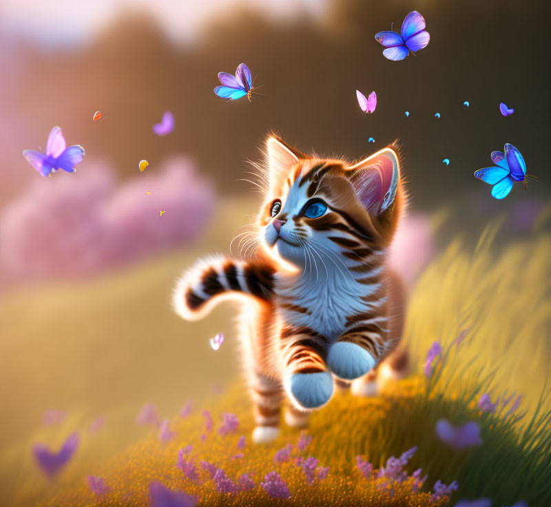 Tabby kitten with blue eyes playing with purple butterflies on sunny hill