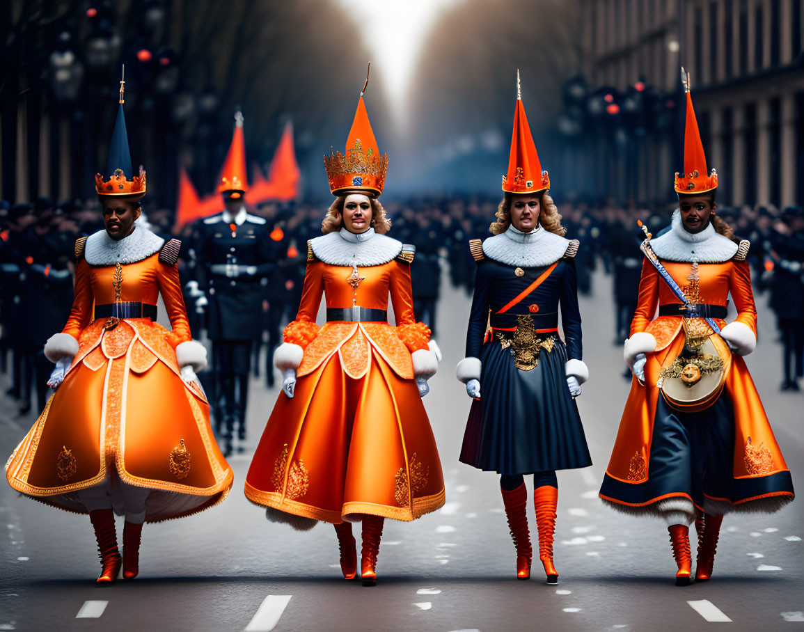 Four individuals in ornate uniforms with tall hats and crowns in ceremonial procession.