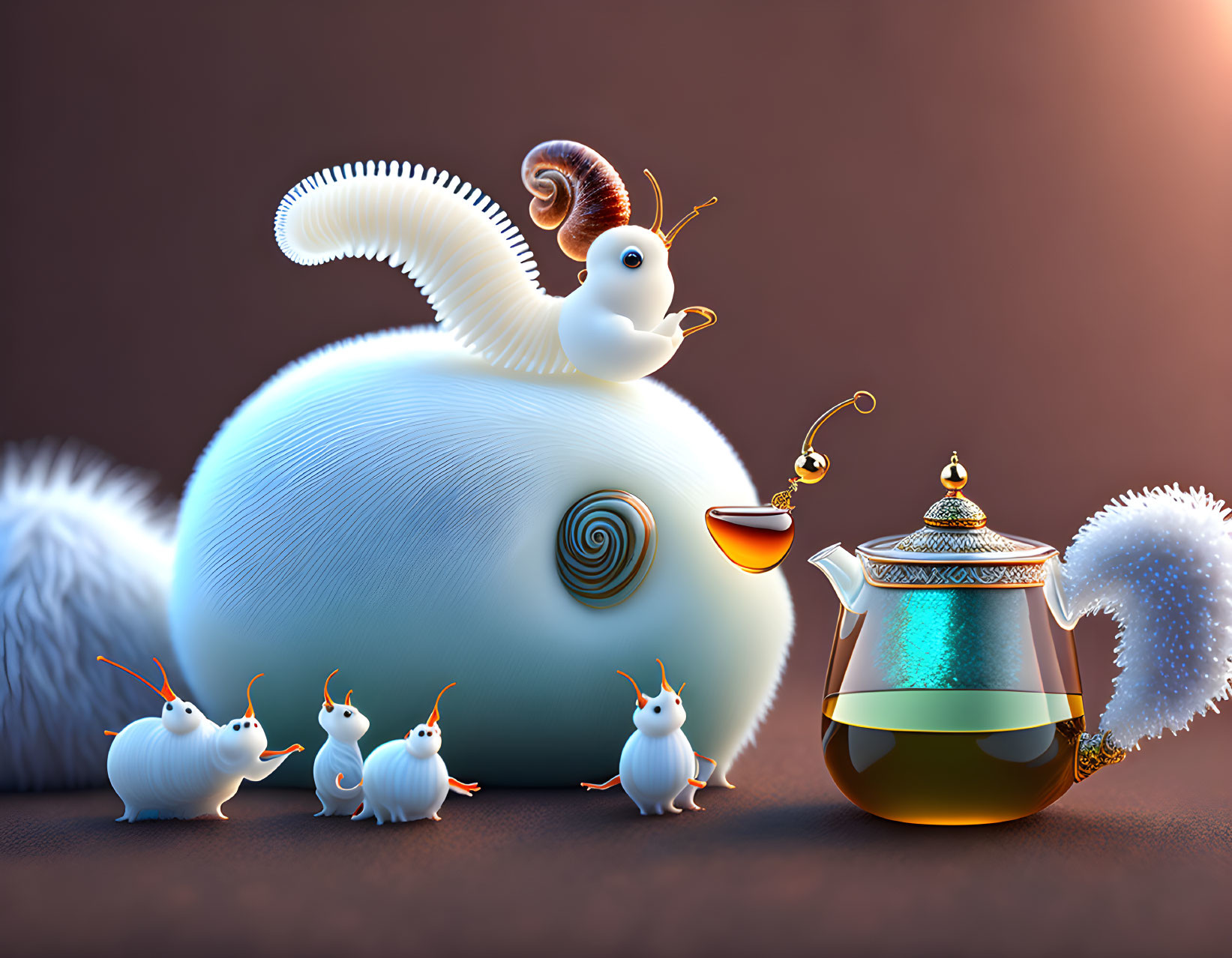 Illustration of fluffy white creatures with snail shells and a teapot cupbearer