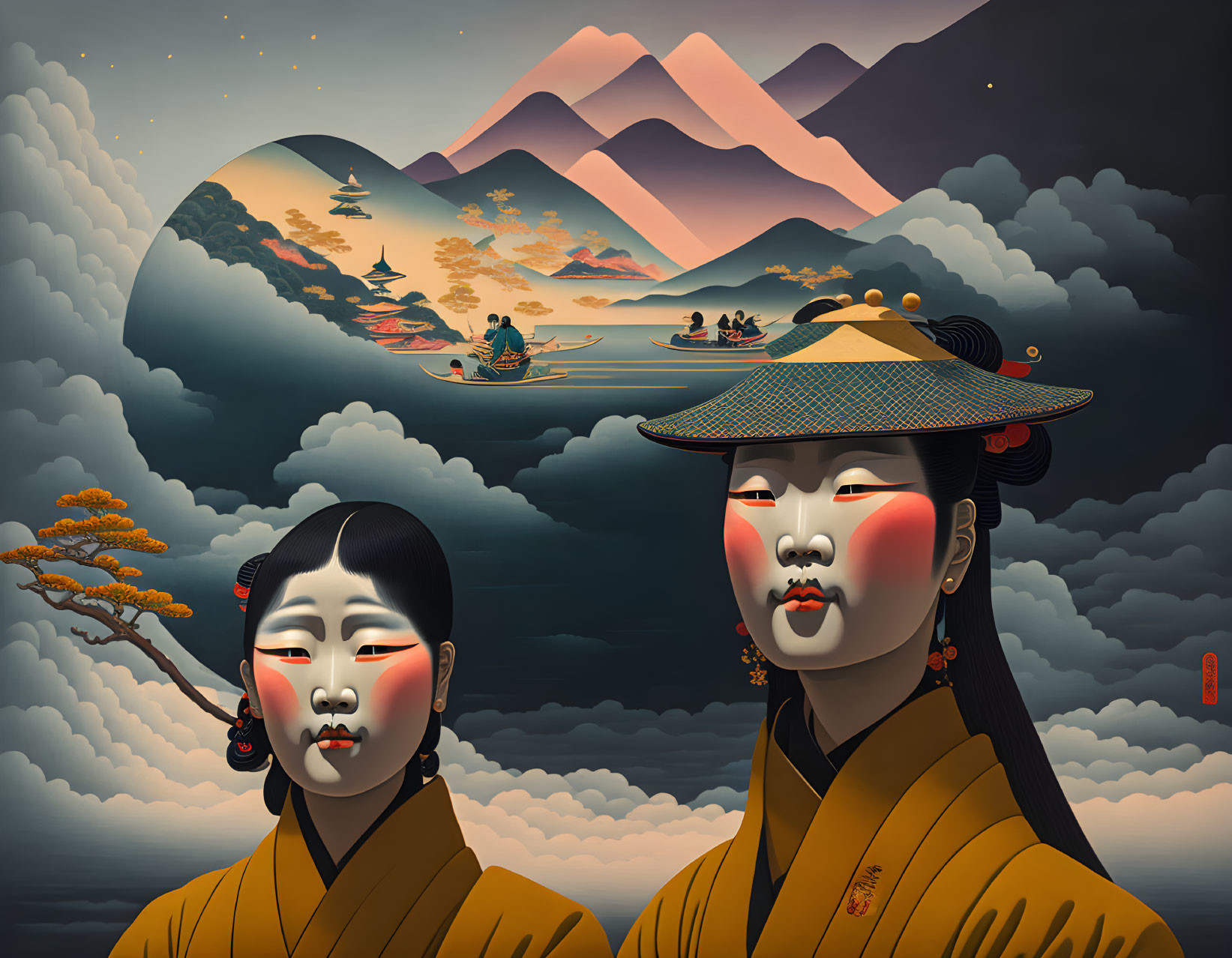 Illustration of two figures in Asian attire against mountain backdrop