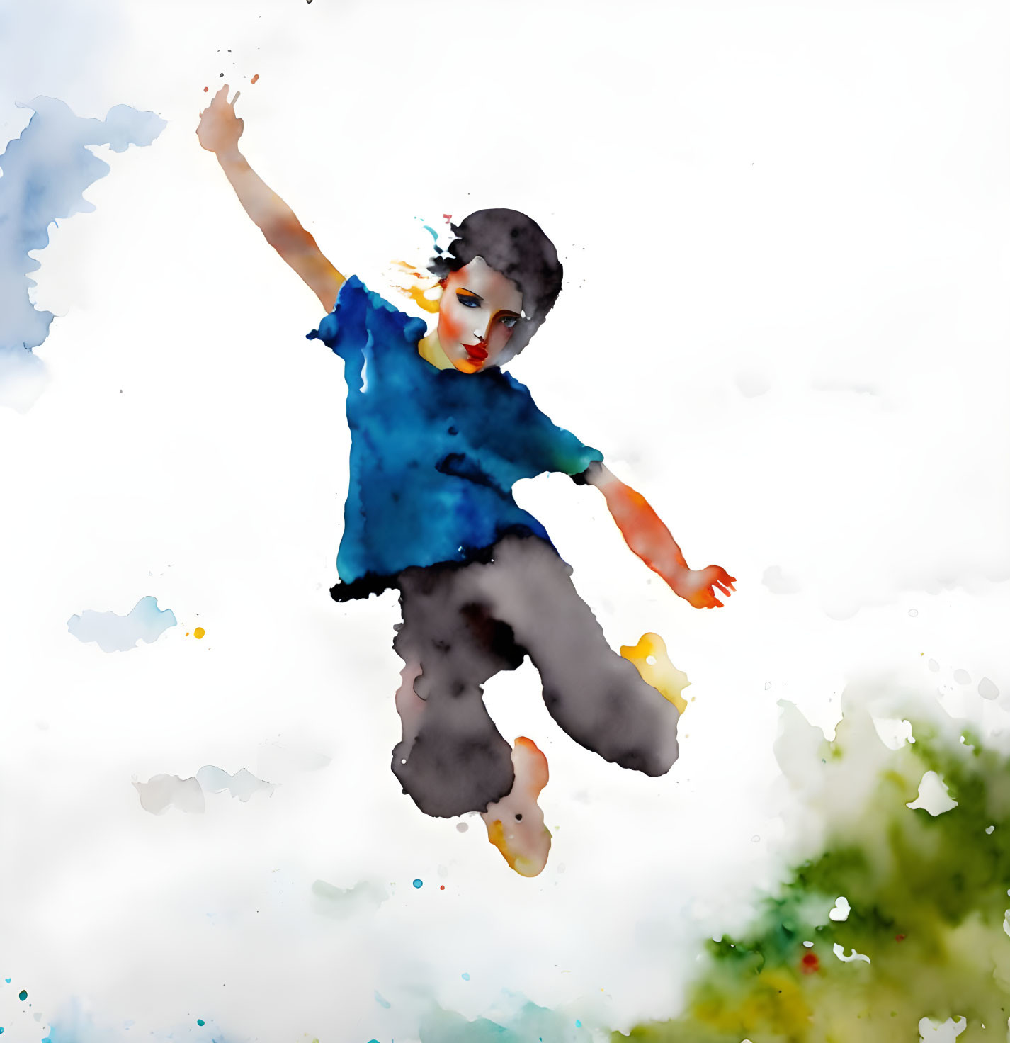 Colorful Watercolor Illustration: Person Joyfully Leaping in Freedom