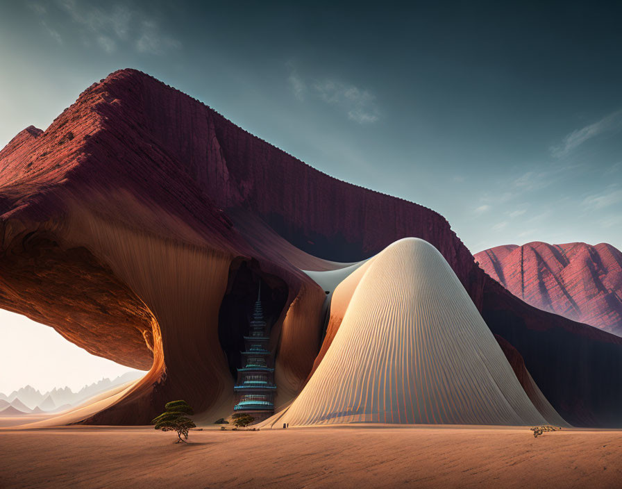 Surreal desert landscape with sand dunes, rock formation, and futuristic staircase