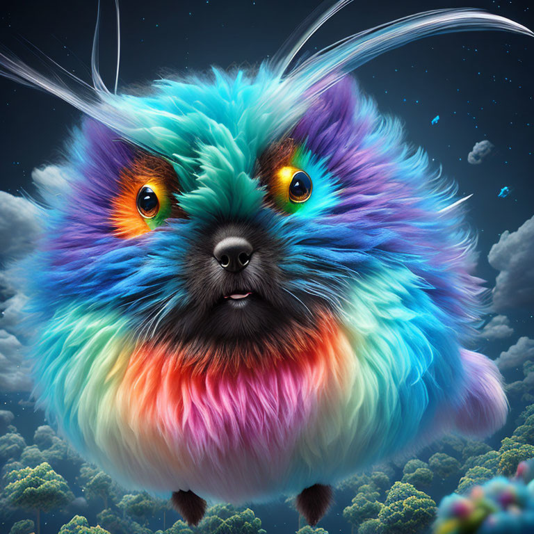 Fluffy colorful creature with orange eyes in starry sky