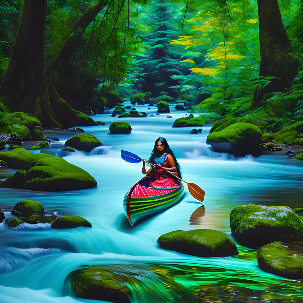 Person paddling vivid canoe in serene moss-covered forest stream